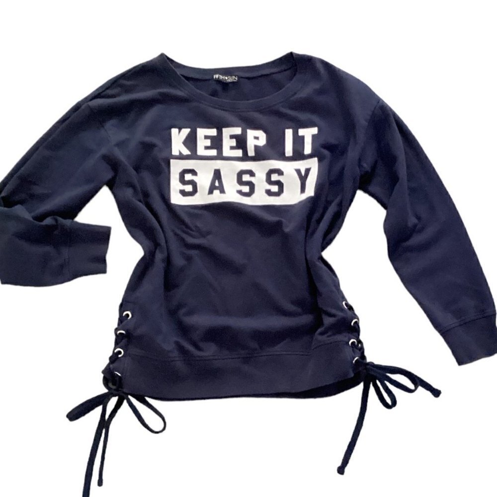 Fifth Sun Keep It Sassy Graphic Sweatshirt/Tee Side Lace-up L Navy Blue #143C - Picture 5 of 8